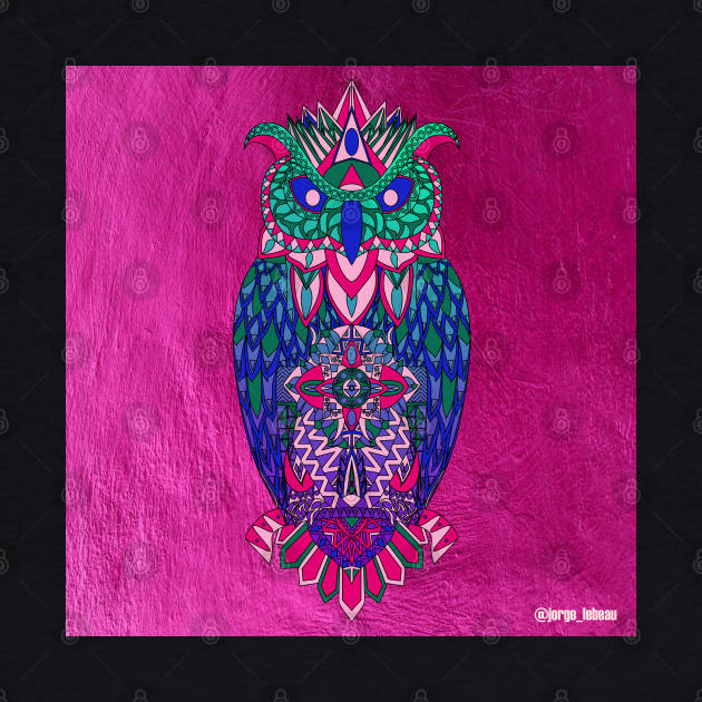 owl in pink kitsch magical zentangle art in totonac patterns of love and flowers by jorge_lebeau